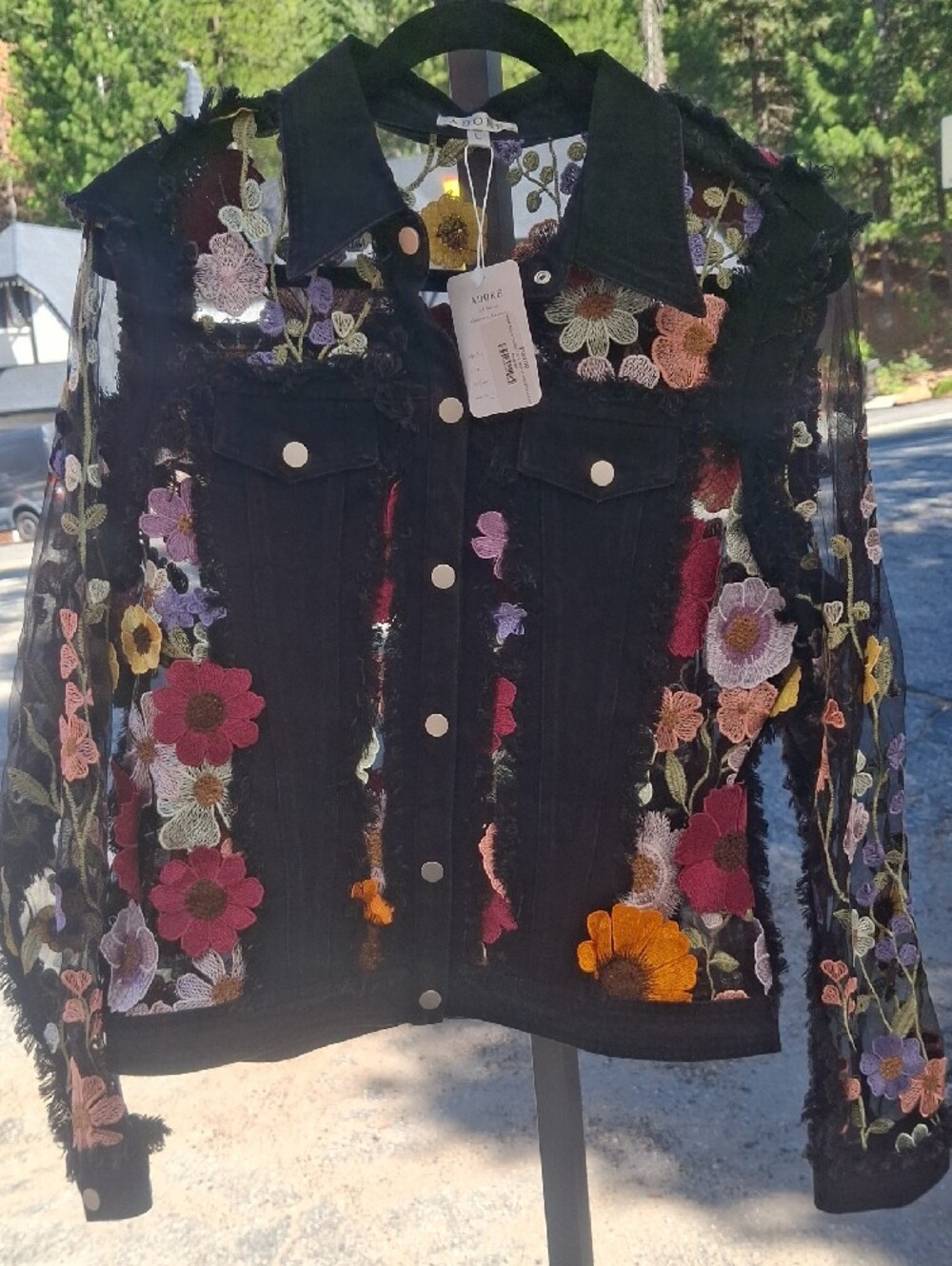 Embroidered Black Floral Denim Jacket By Adore